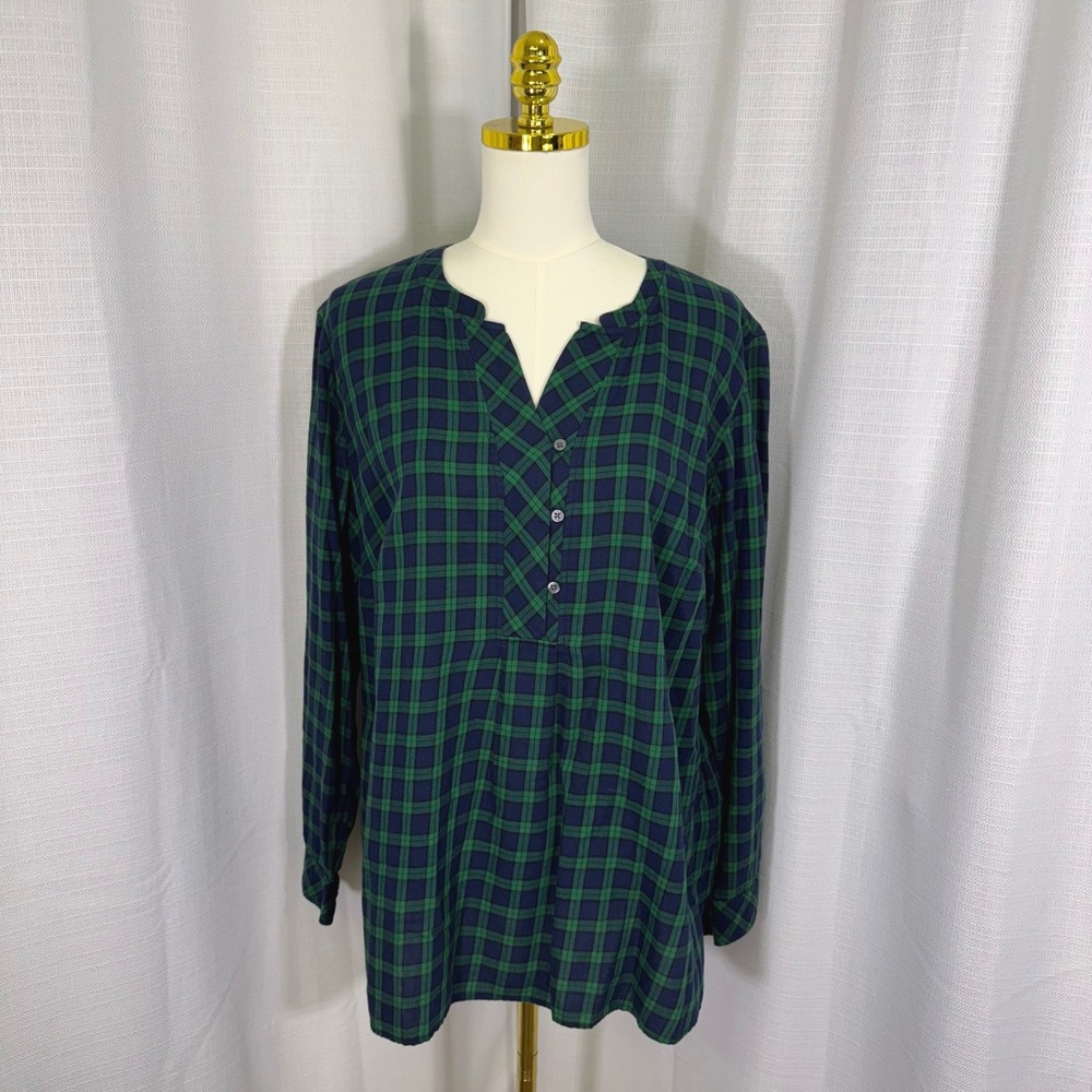 NEW Talbots Woman Green‎ Navy Blue Plaid Cotton Tunic Top Blouse 1X